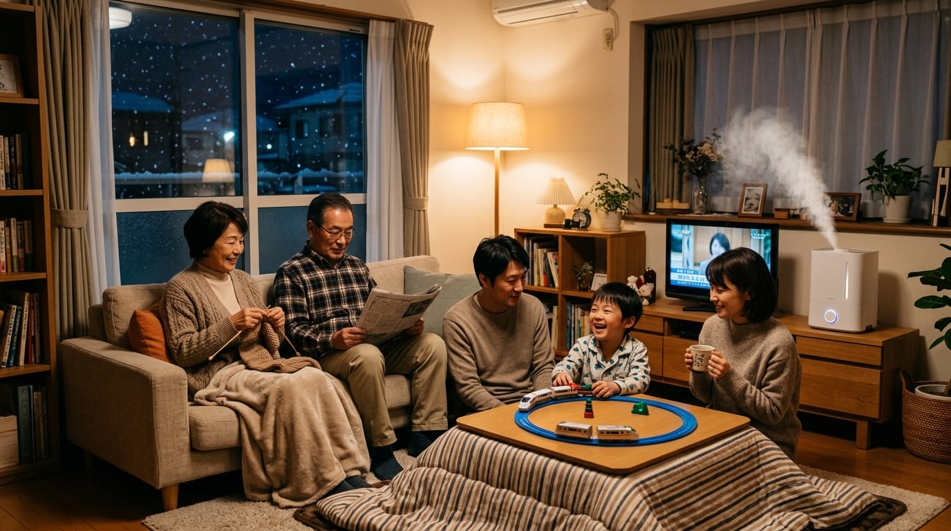 加湿器を使って冬の乾燥肌対策をする家族のリビングシーン