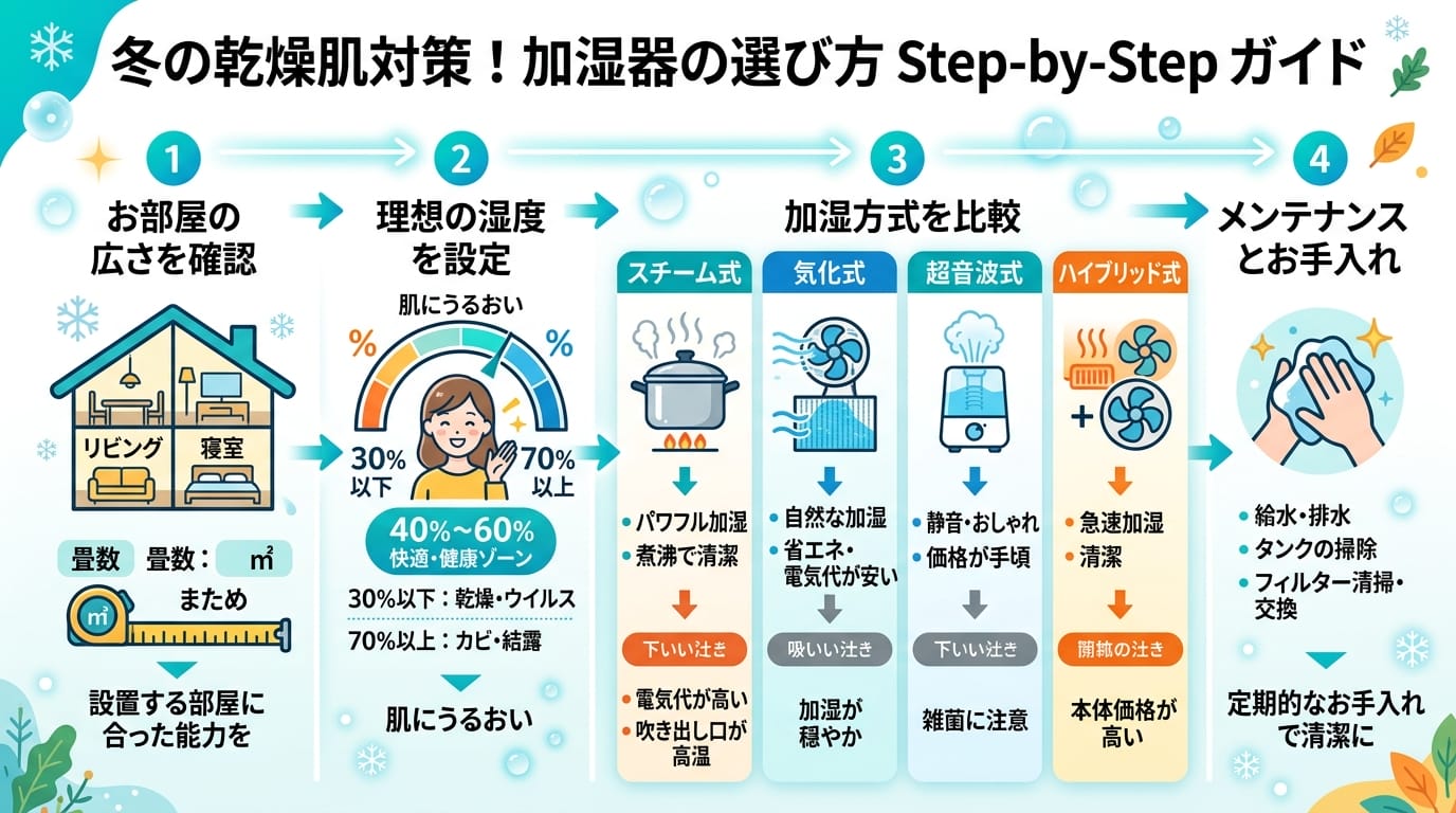 冬の乾燥肌対策 室内 加湿 器具 選び方のステップを整理した図解インフォグラフィック