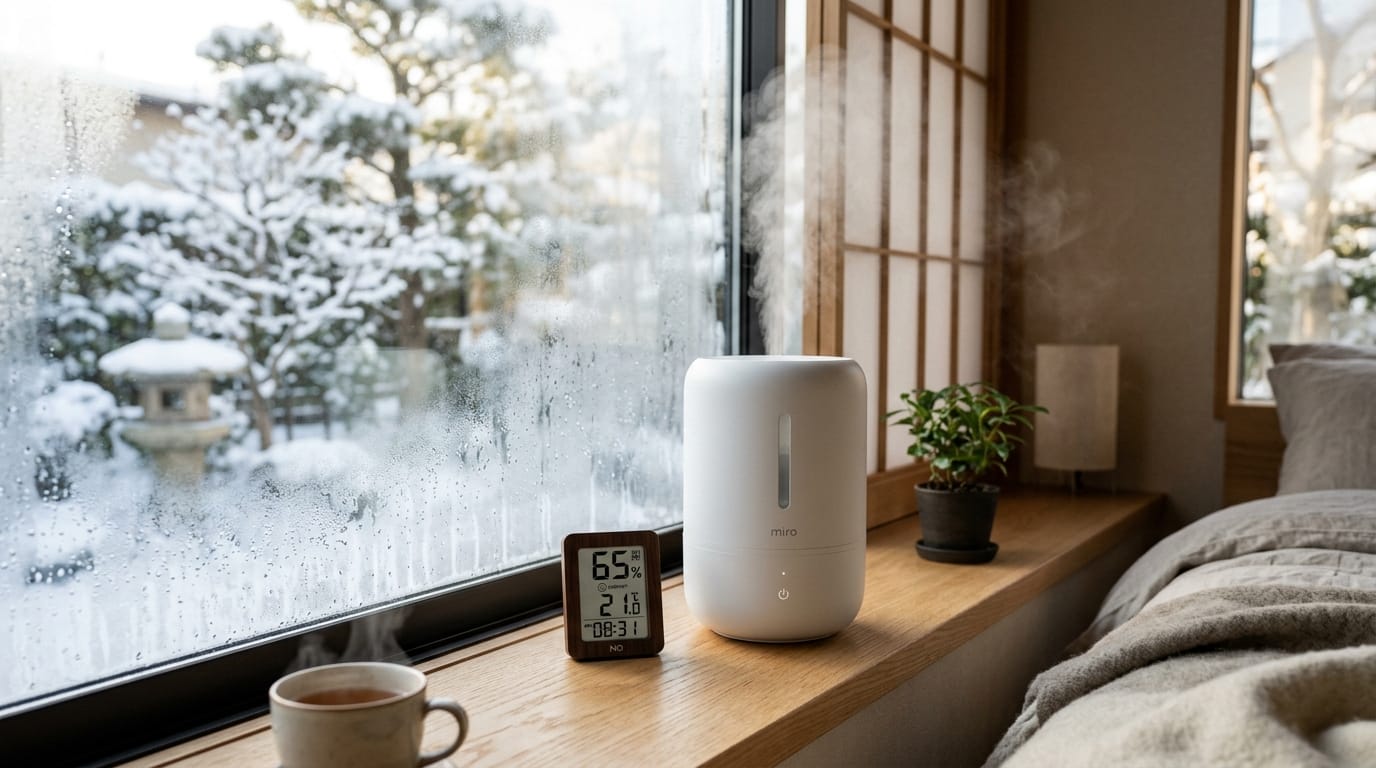 冬の乾燥した窓辺に置かれた加湿器と湿度計のイメージ写真