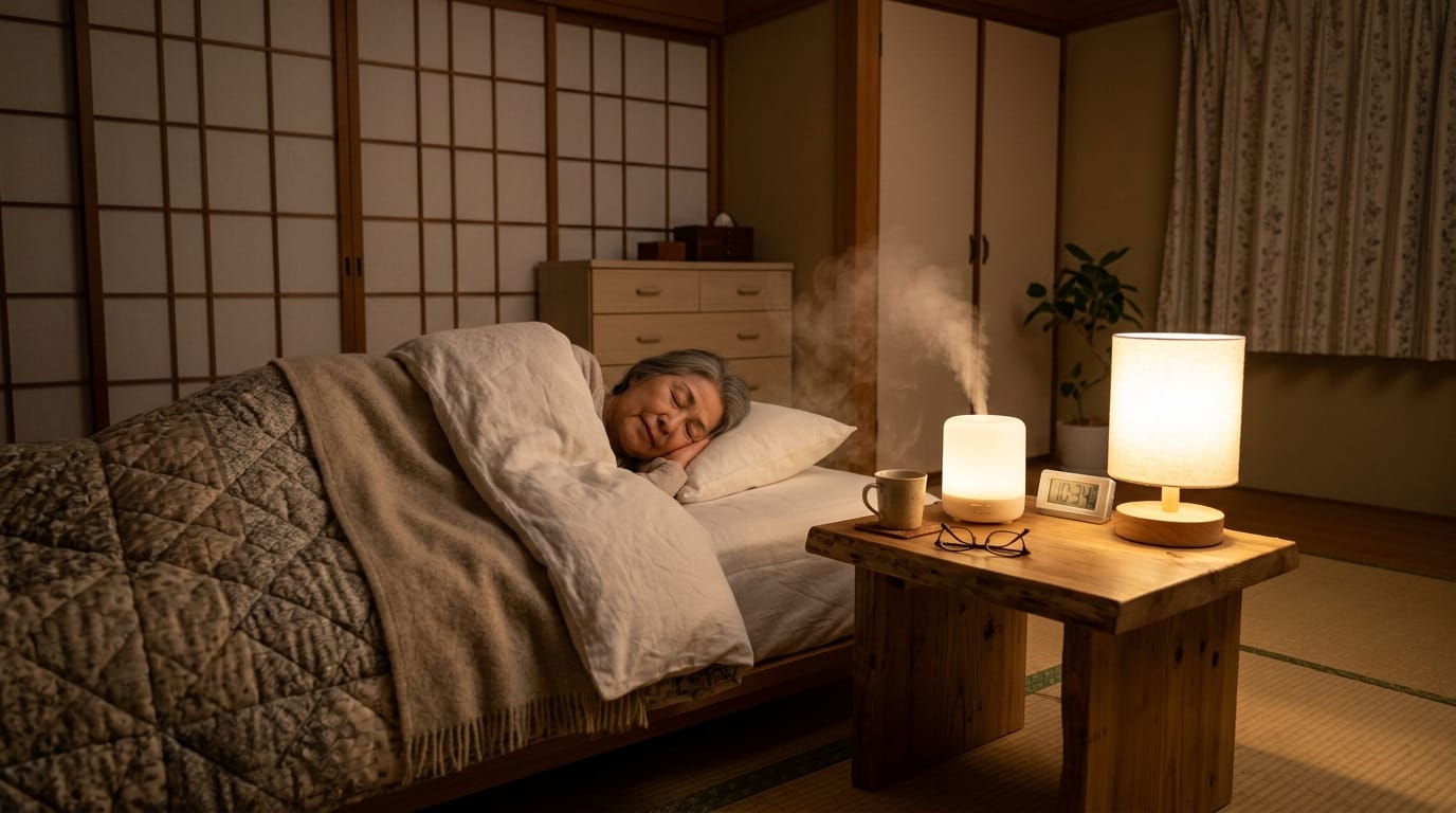 冬の夜、寝室で静かに稼働する加湿器のイメージ写真