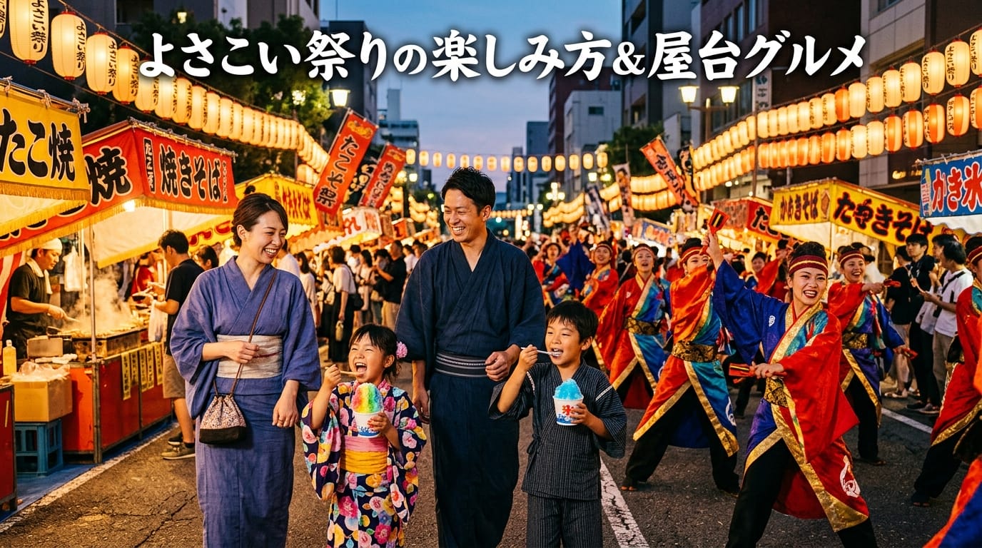 よさこい祭りの屋台グルメを楽しむ家族と賑やかな会場風景