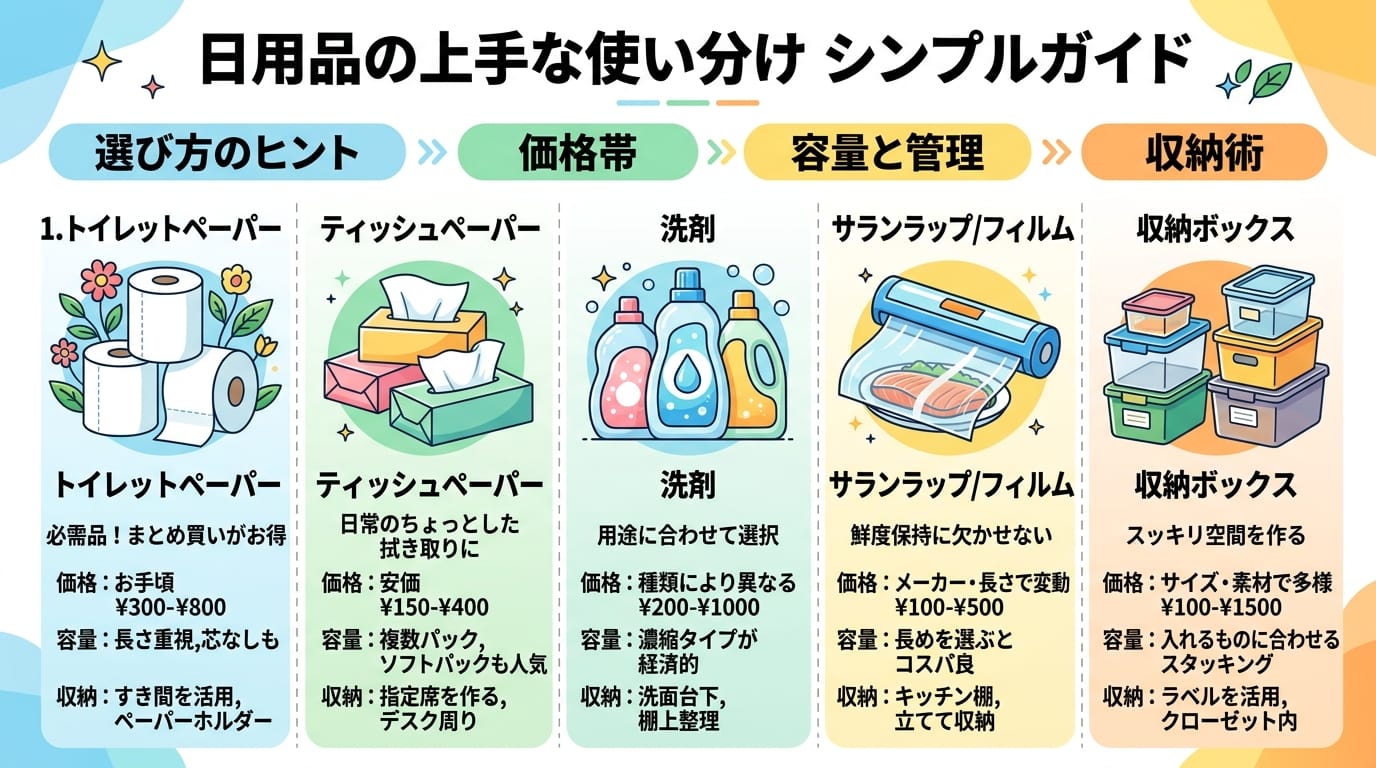 ふるさと納税おすすめ日用品の比較ポイントを示す日本語インフォグラフィック