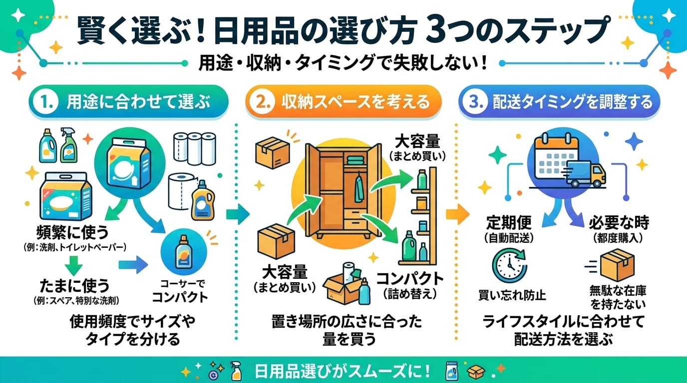 ふるさと納税日用品の選び方3ステップをまとめた日本語インフォグラフィック