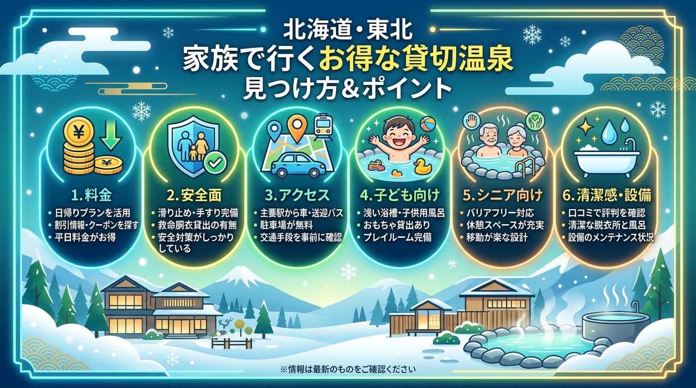 北海道の温泉マップと東北エリア別の家族向け貸切風呂のポイントが分かるインフォグラフィック