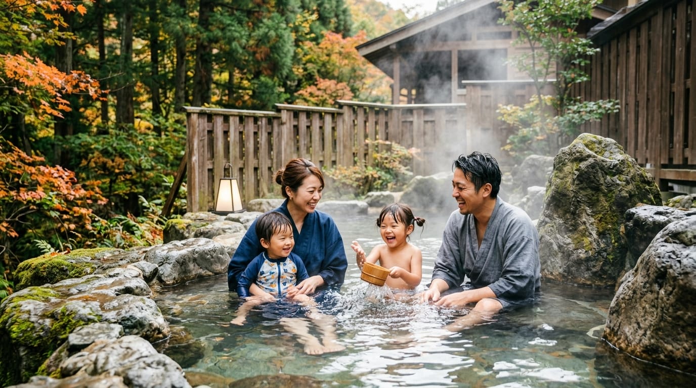 貸切露天風呂で子どもと笑顔で過ごす家族のイメージ写真