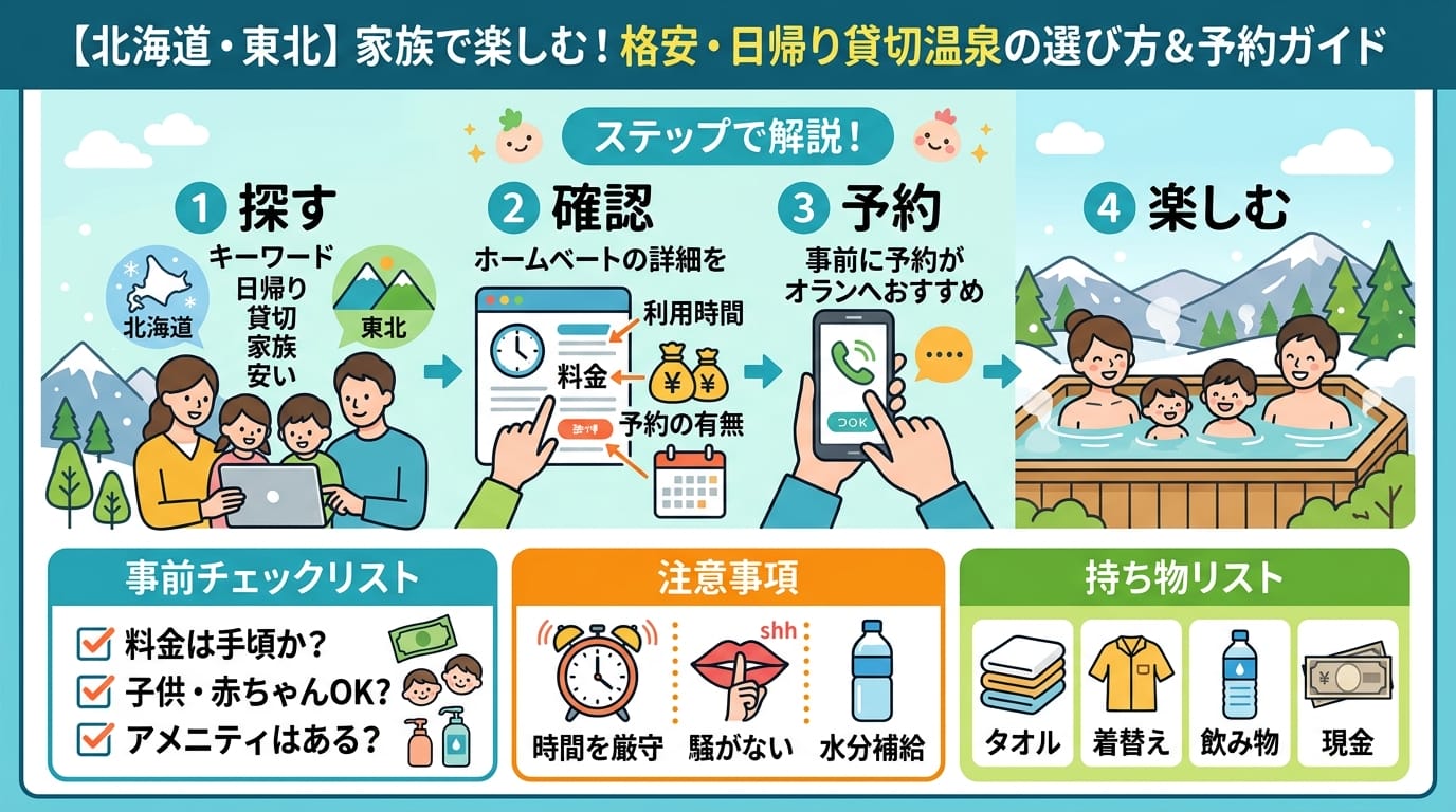 日帰り温泉 貸切風呂 北海道 東北 家族 安いの選び方と手順をまとめたインフォグラフィック