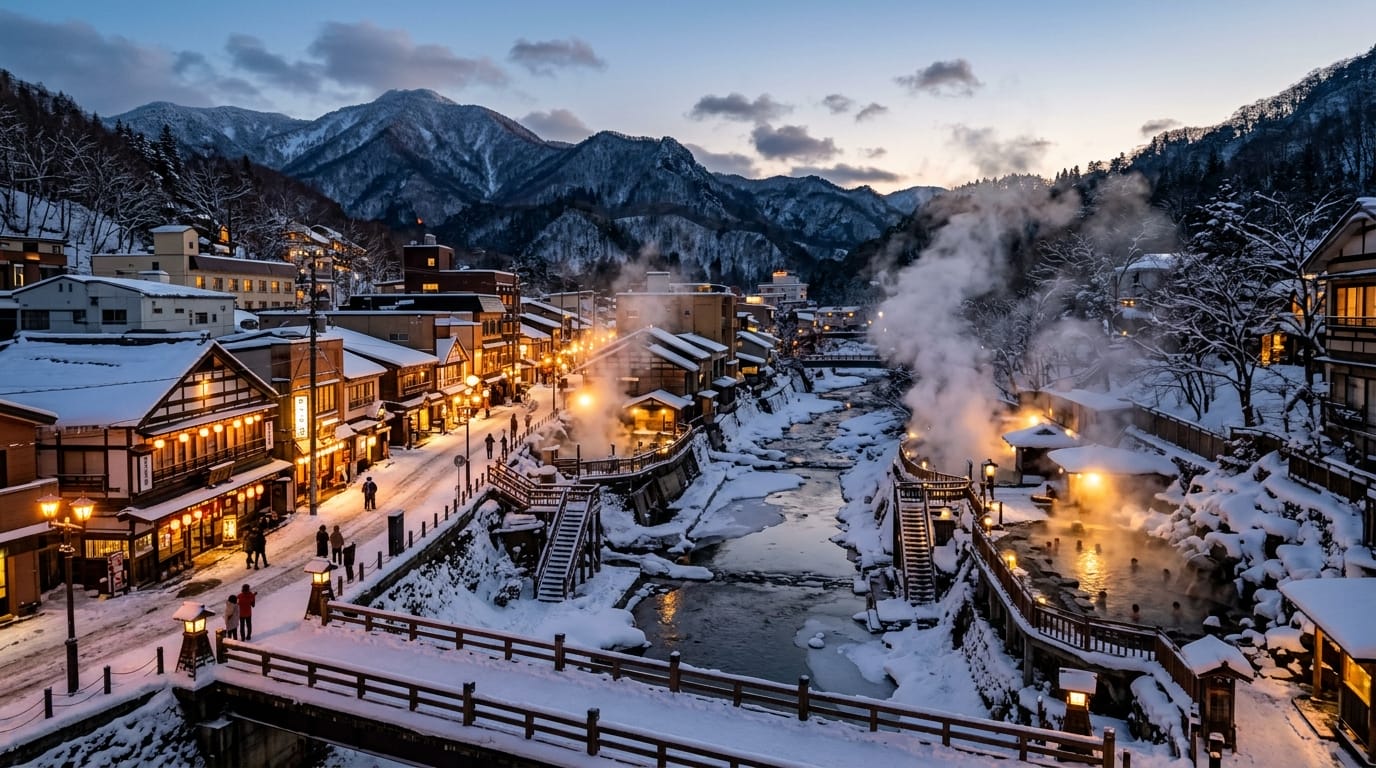 冬の北海道の雪景色と温泉街の美しい風景写真