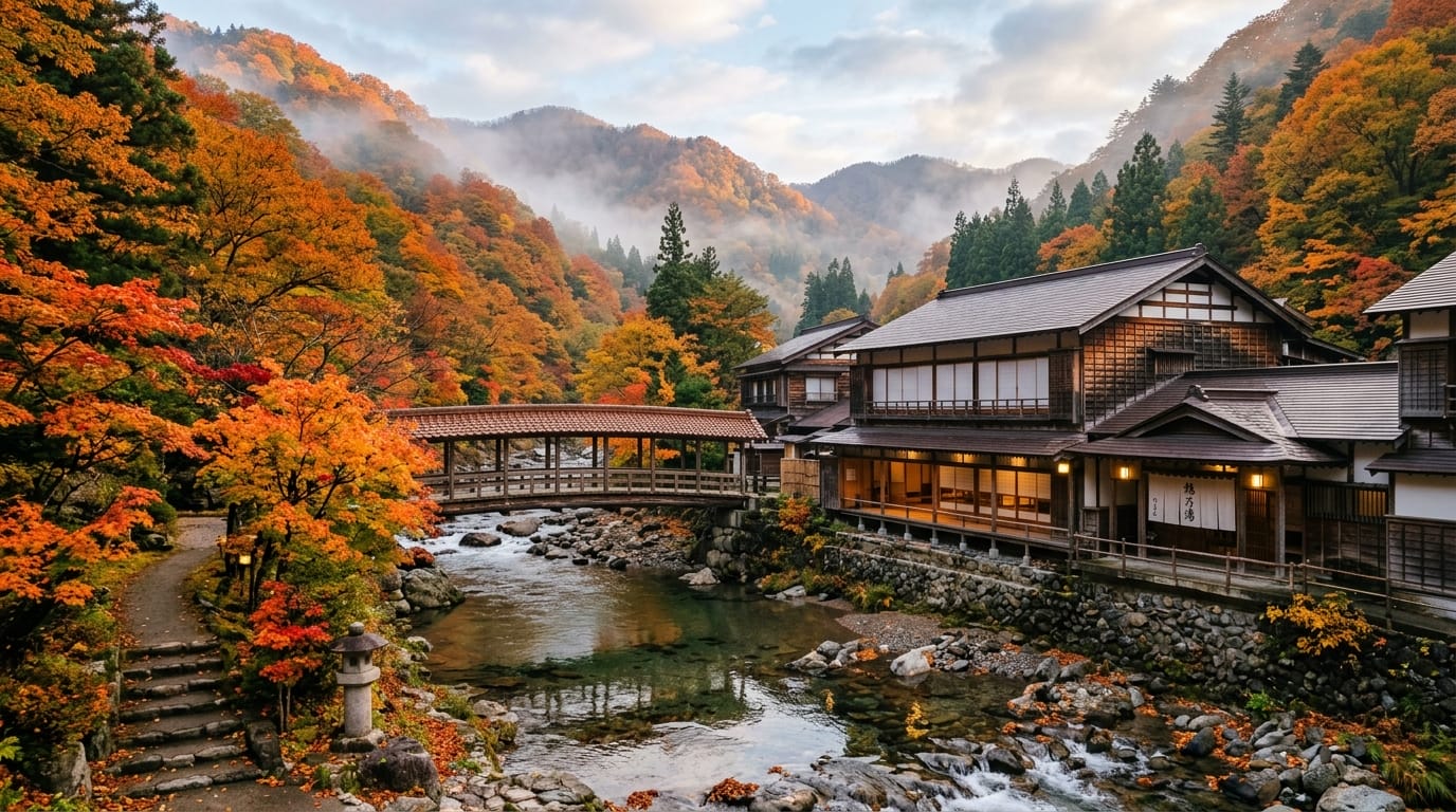 東北の山あいに佇む温泉旅館と川のせせらぎが伝わるイメージ写真