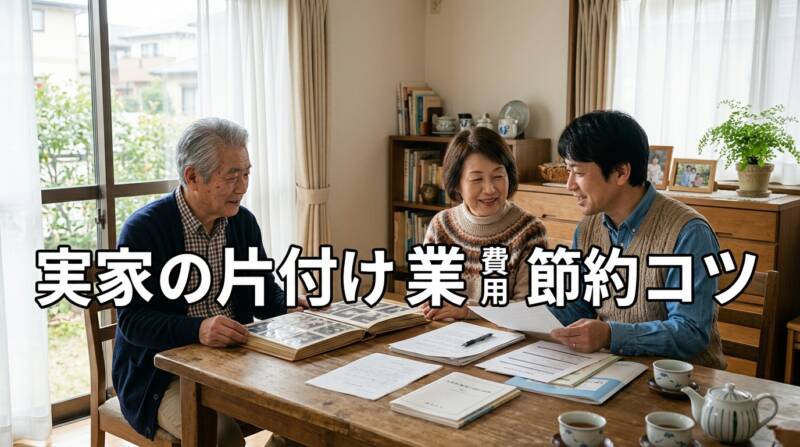 実家の片付け 業者 費用 節約のポイントを解説するシニア夫婦と家族のイメージ画像