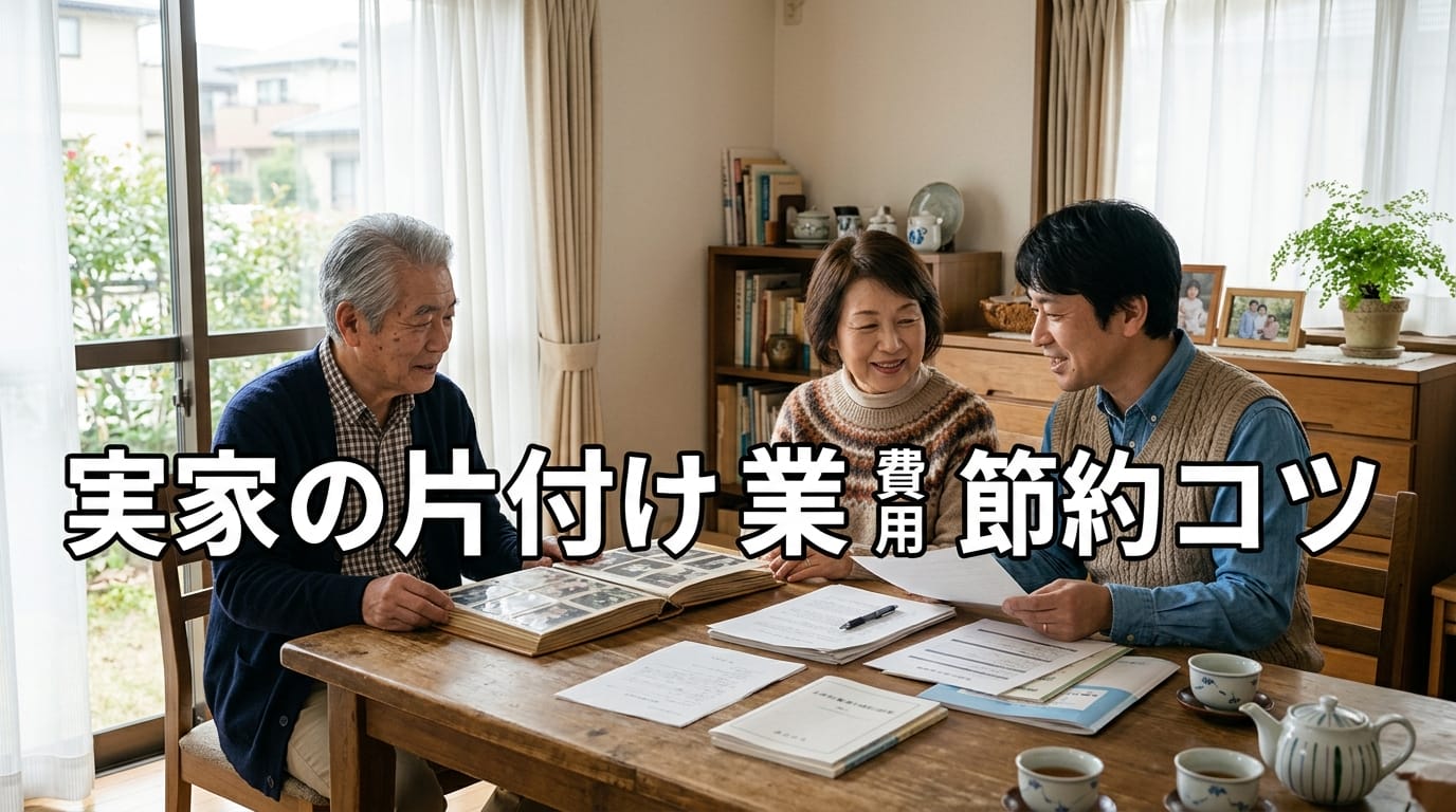 実家の片付け 業者 費用 節約のポイントを解説するシニア夫婦と家族のイメージ画像
