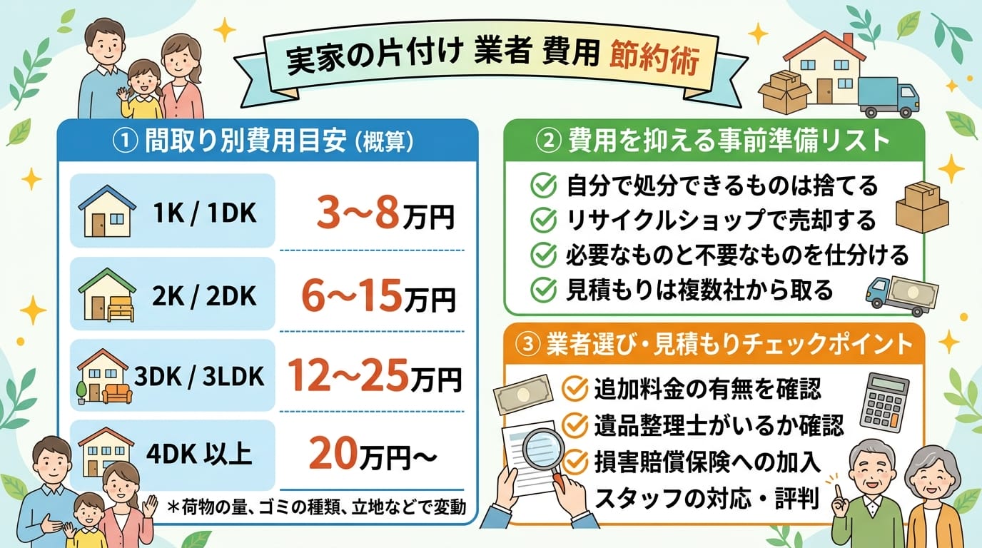 実家の片付け 業者 費用の間取り別目安と節約のコツを一覧で示したインフォグラフィック