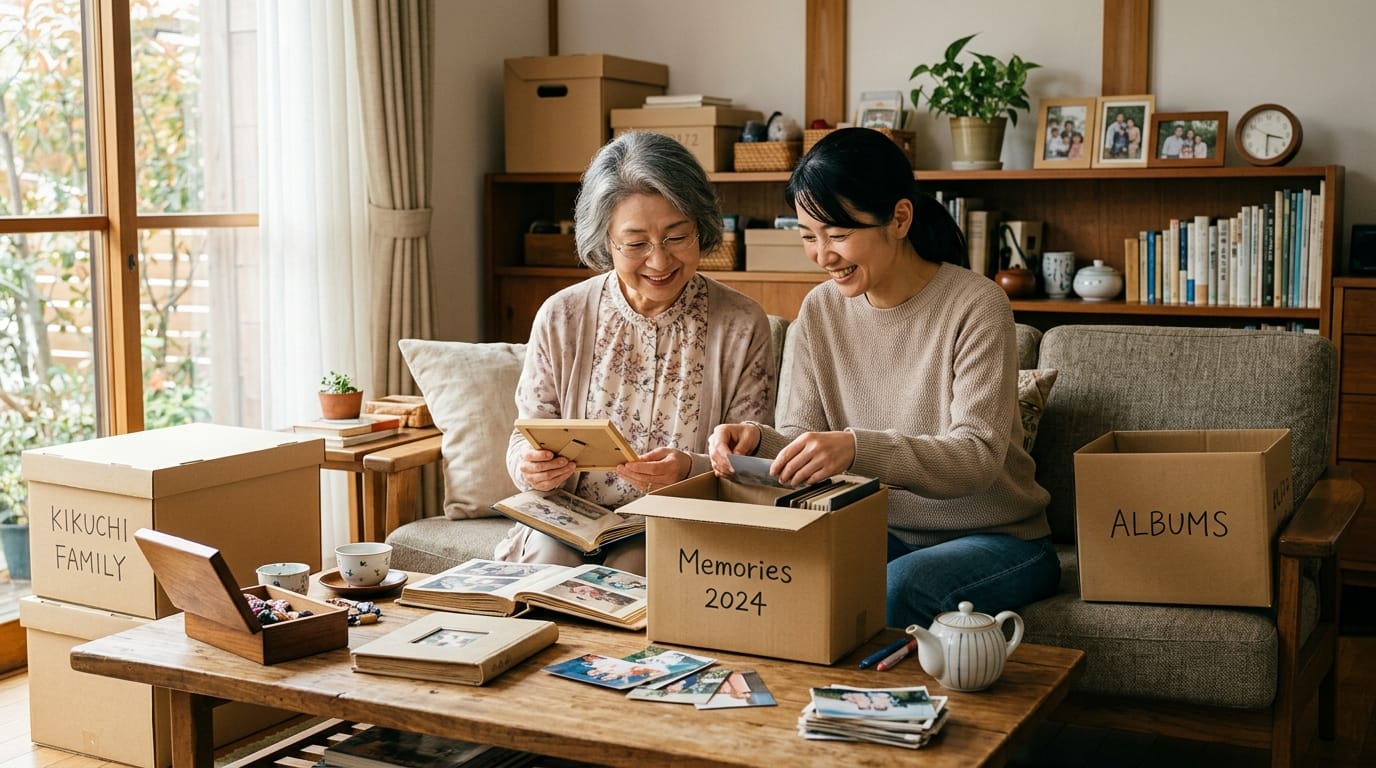 シニアの親と子ども世代がリビングでアルバムを整理しながら片付けを話し合っている様子