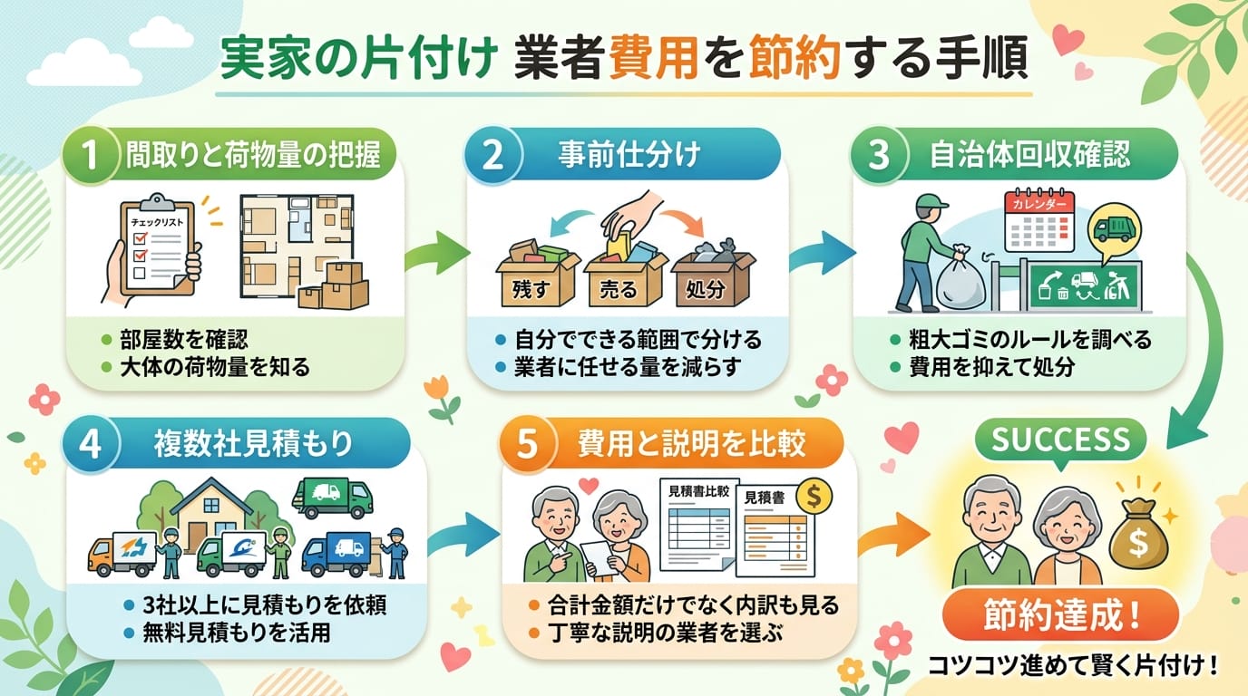 実家の片付け 業者 費用 節約のための手順と見積もりチェック項目をまとめた図解