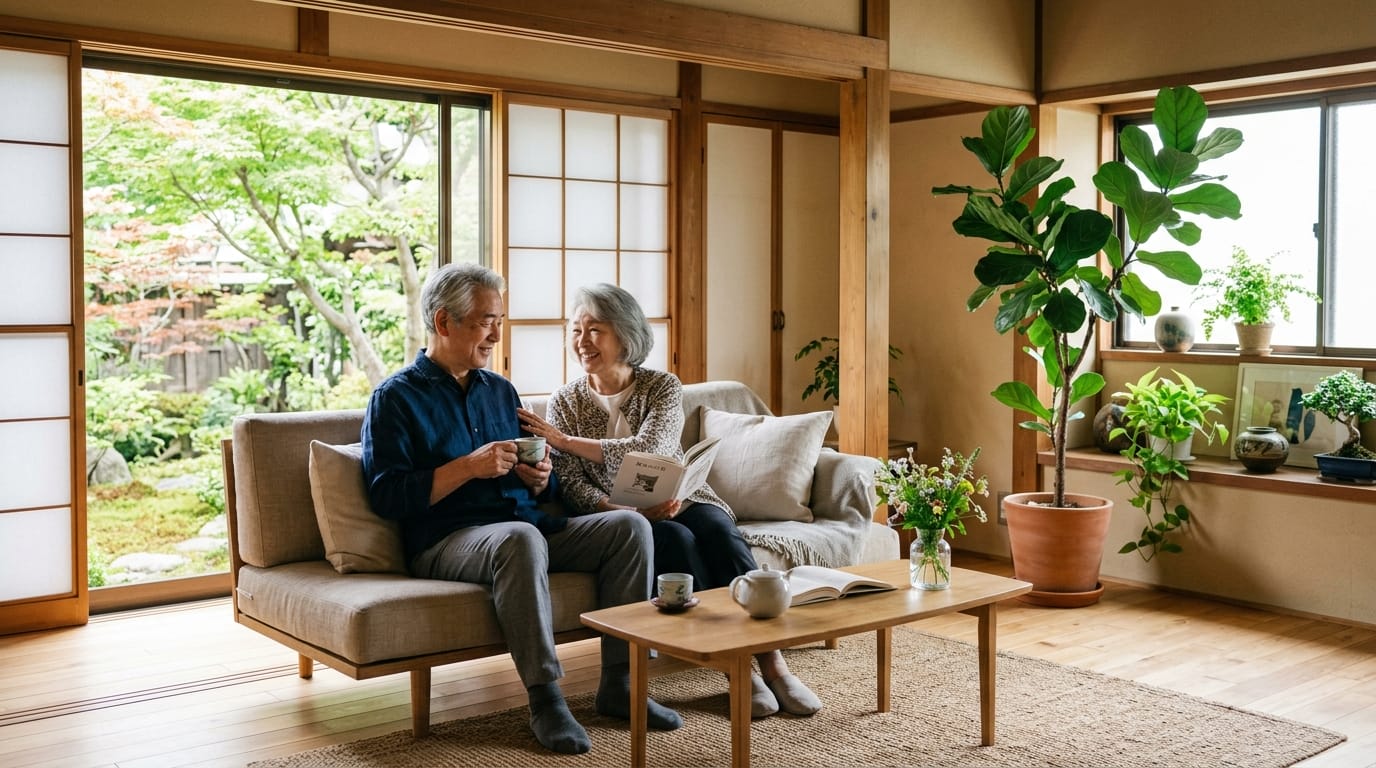 片付けが進んでスッキリした実家のリビングでくつろぐシニア夫婦のイメージ