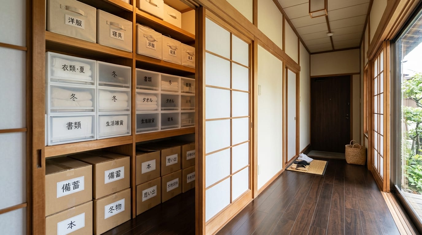 整理された押し入れと片付け後のすっきりした廊下のイメージ写真