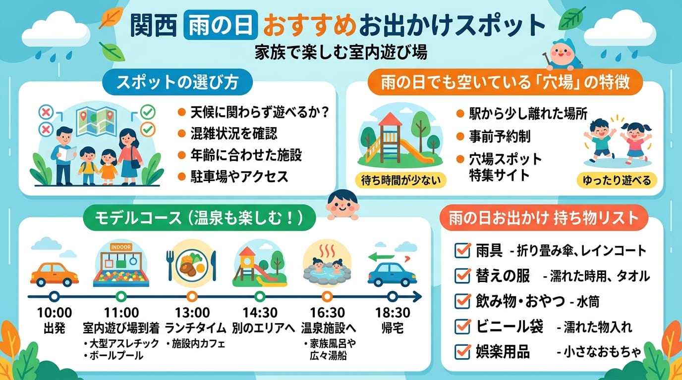 関西の子連れ雨の日室内遊び場穴場の選び方をまとめたインフォグラフィック