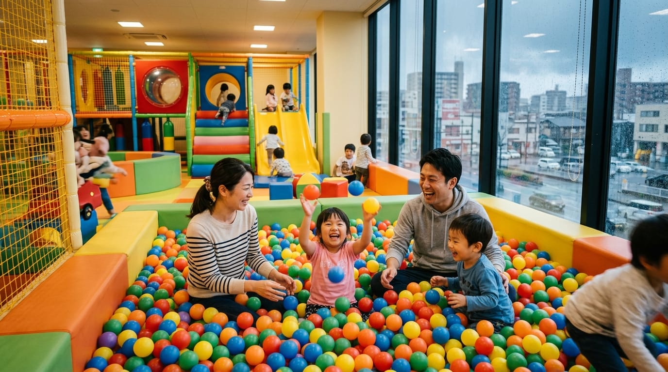 雨の日に関西の室内遊び場で楽しむ家族のイメージ写真