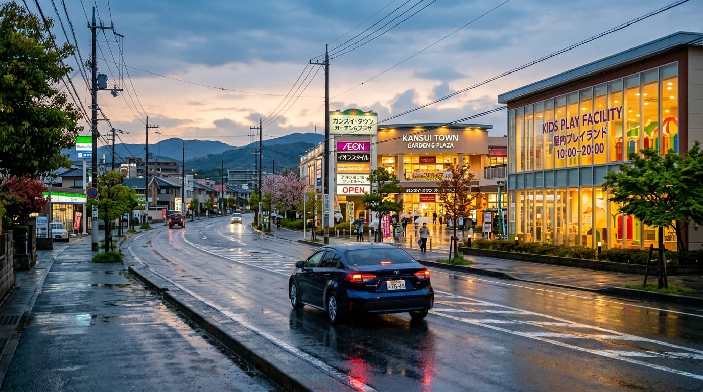 関西の雨の日ドライブと室内遊び場を組み合わせた美しい風景写真