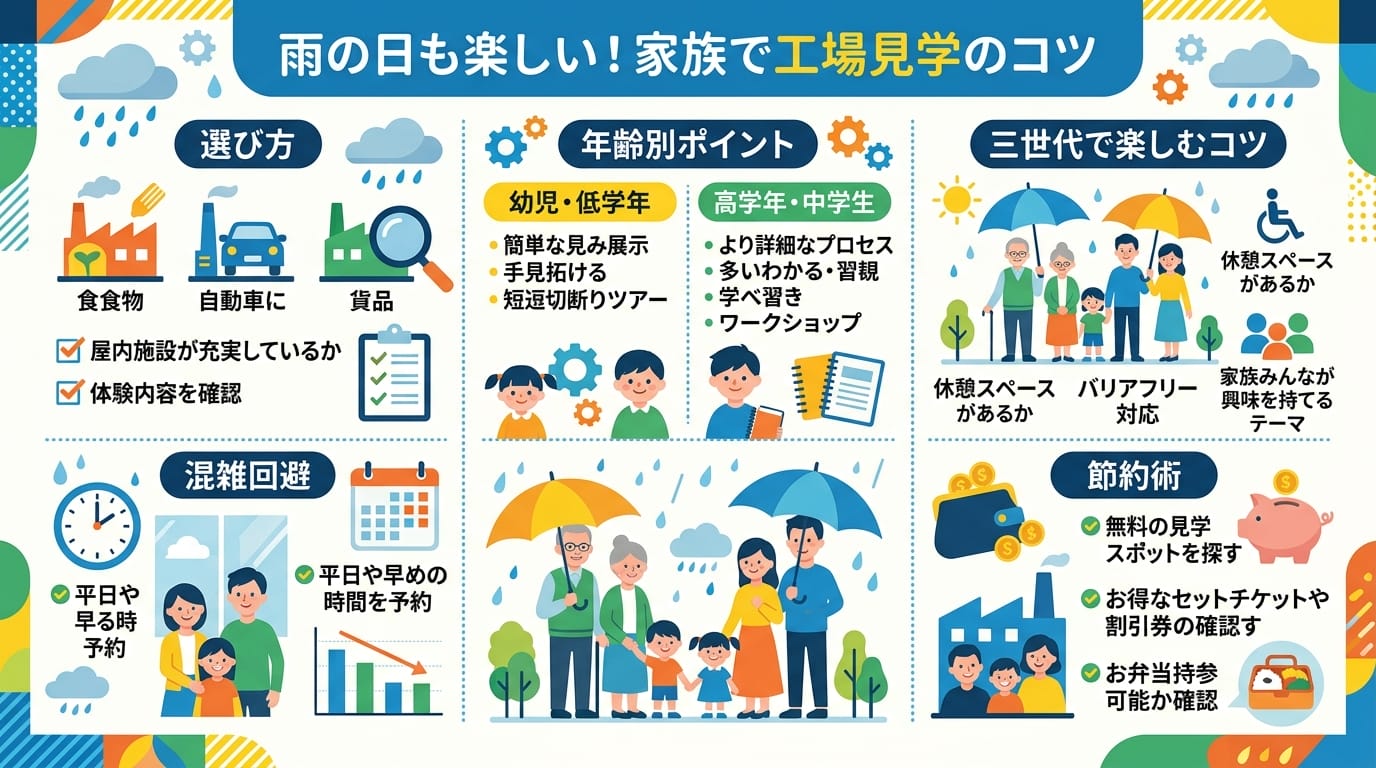全国の子連れ雨の日工場見学穴場のポイントをまとめたインフォグラフィック