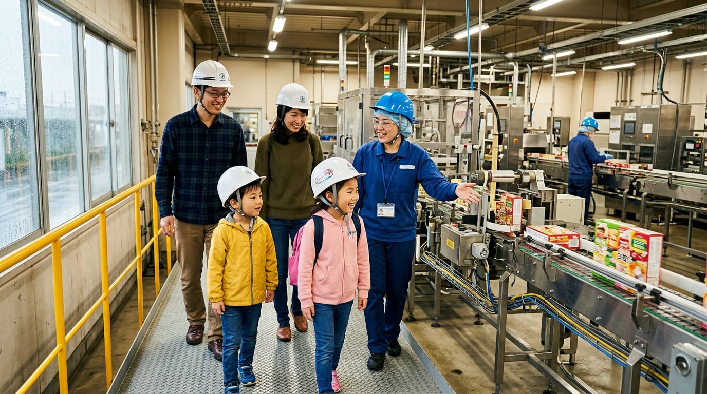 家族で雨の日に工場見学穴場スポットを楽しんでいるシーン