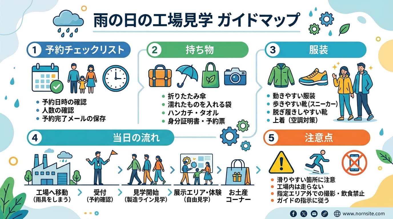 子連れ雨の日工場見学穴場を失敗しないための手順を示すインフォグラフィック