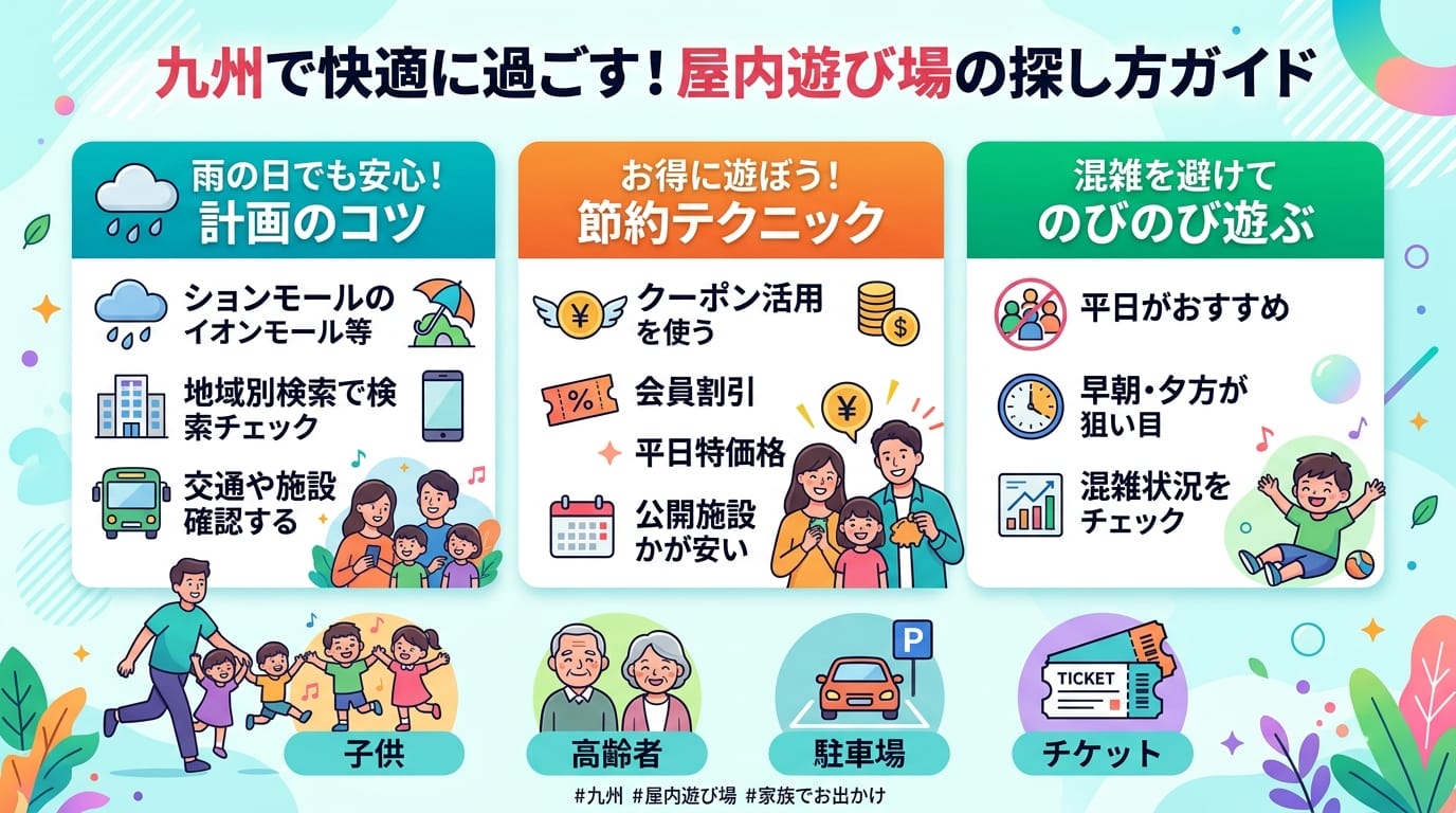九州の室内遊び場選びのポイントをまとめたインフォグラフィック画像