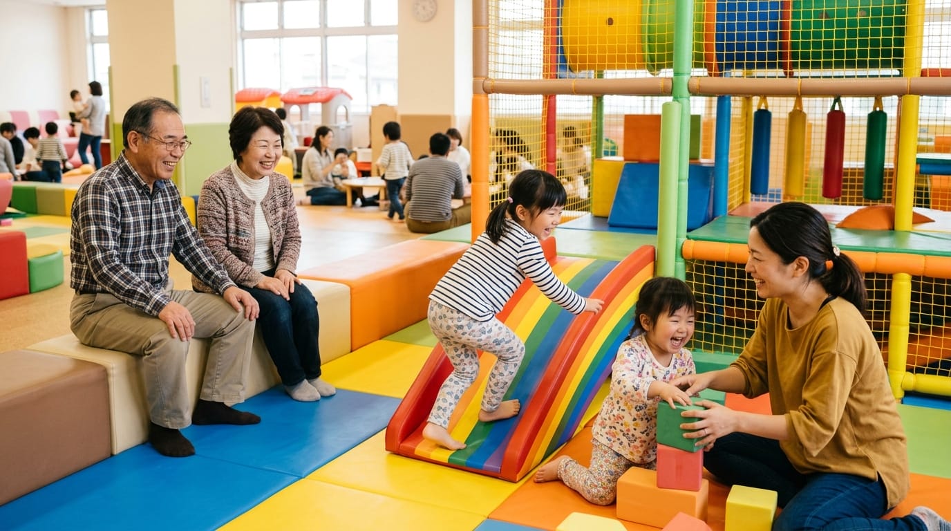 福岡の室内遊び場で遊ぶ子連れ家族のイメージ画像