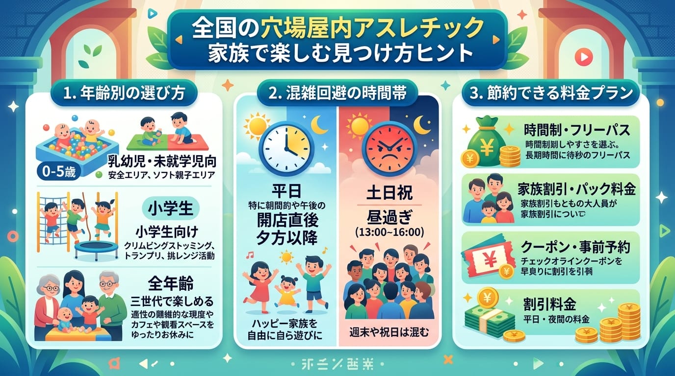 全国の室内アスレチック穴場の選び方をまとめたインフォグラフィック