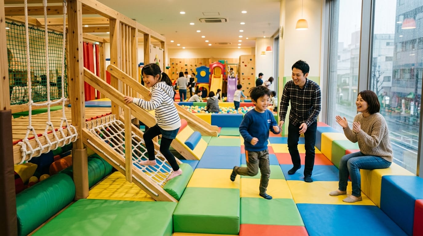 雨の日でも安心な室内アスレチックで遊ぶ子どもと家族のイメージ
