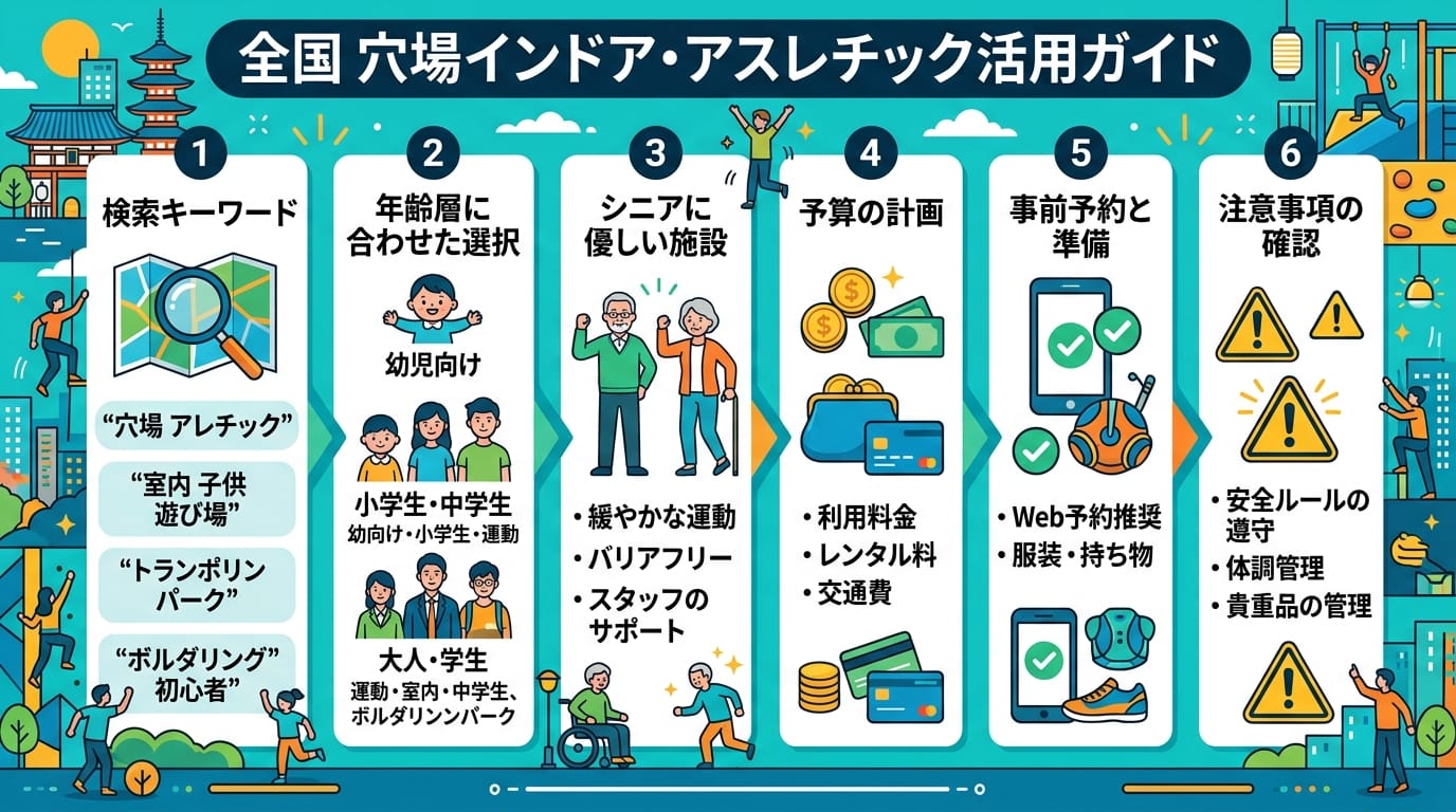 室内アスレチック穴場を安全・節約で楽しむためのポイントをまとめた図解