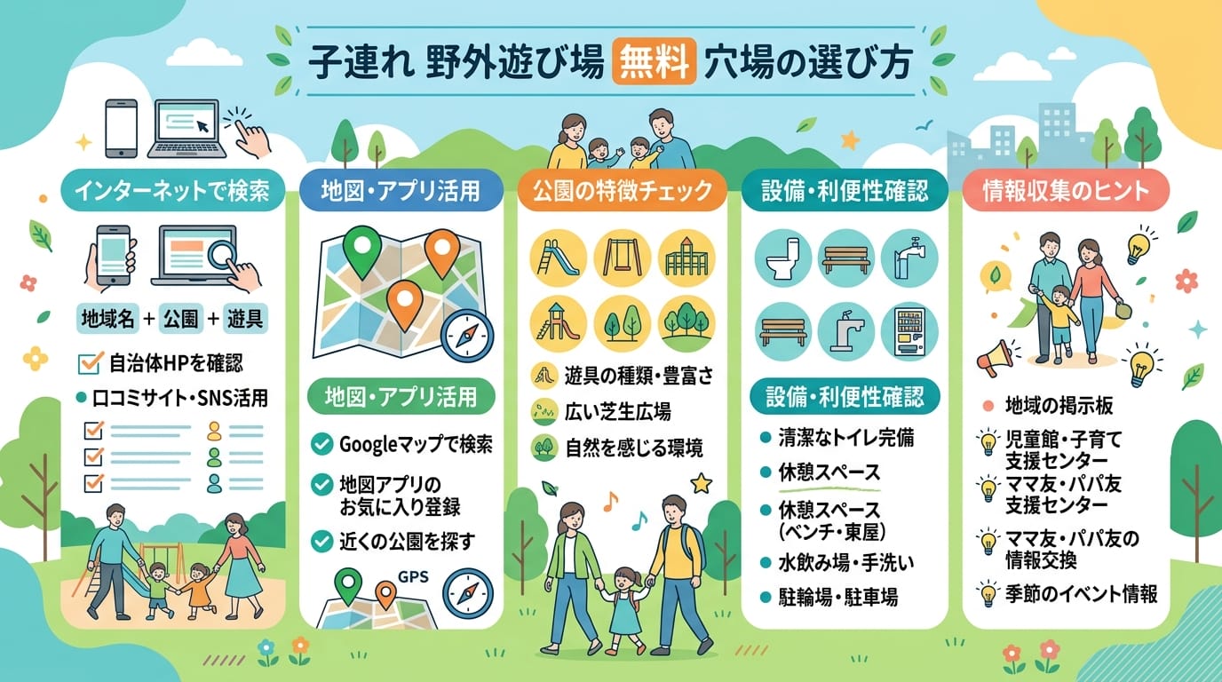 子連れ野外遊び場無料穴場の選び方とポイントをまとめたインフォグラフィック