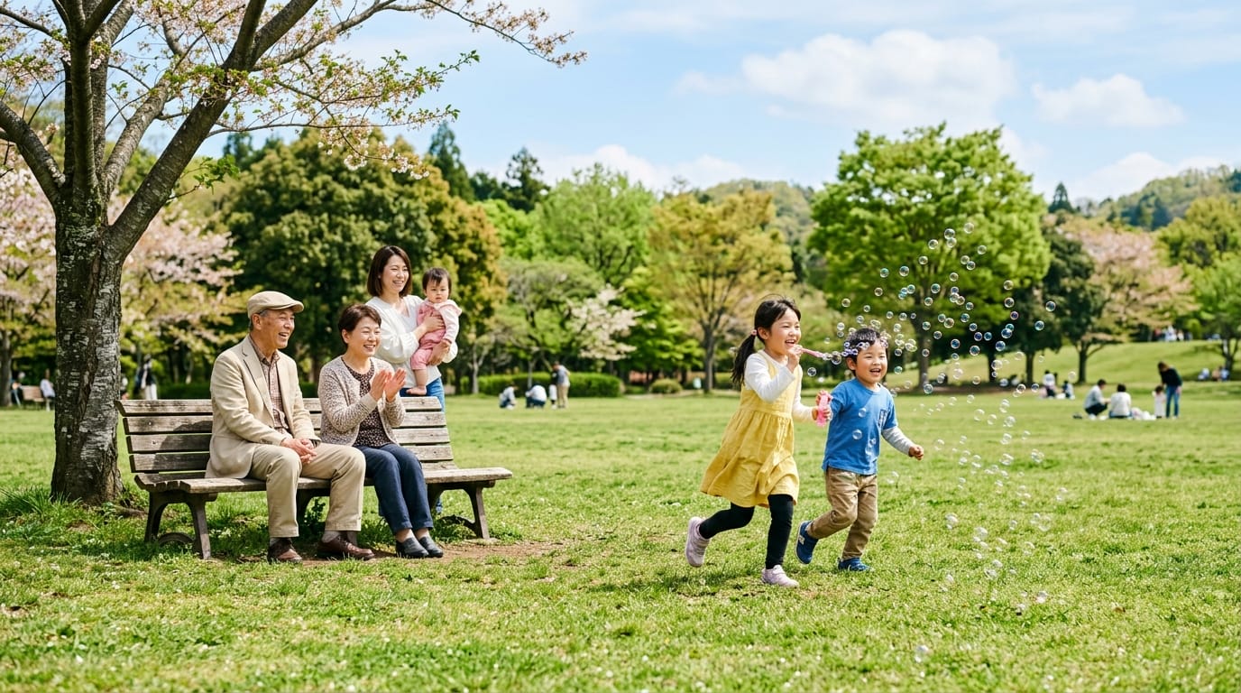 芝生広場で子どもとシニアが一緒に遊ぶ子連れ野外遊び場無料穴場のシーン