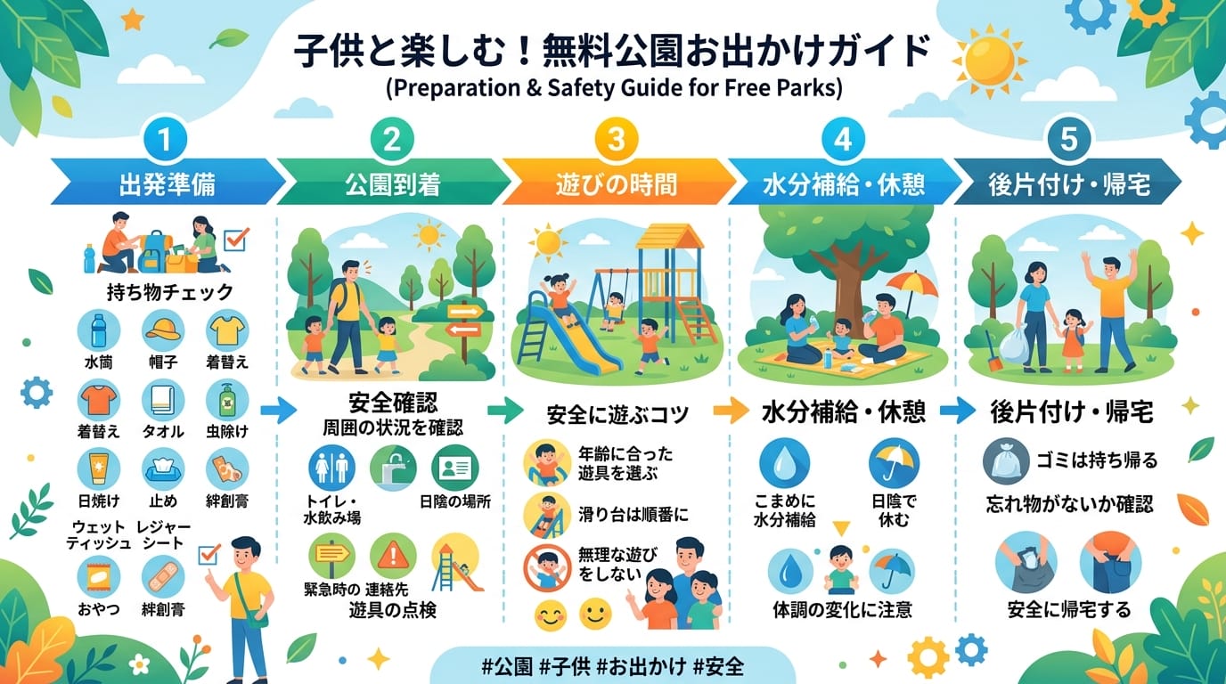 子連れ野外遊び場無料穴場で安全に遊ぶための手順を整理したインフォグラフィック