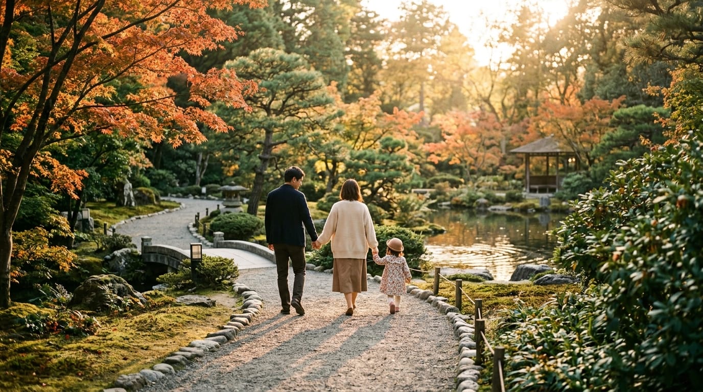 夕方の公園で家族が散歩を楽しむ子連れ野外遊び場無料穴場のイメージ