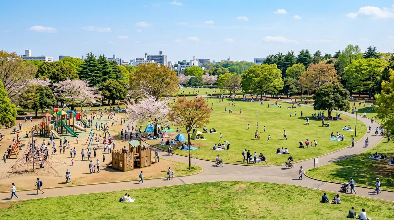 広い芝生と遊具が並ぶ子連れ野外遊び場無料穴場の美しい風景