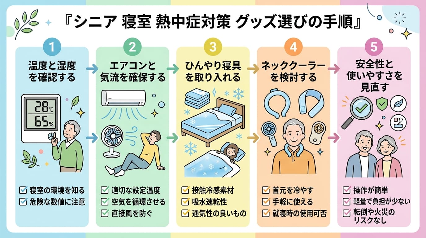 シニア 寝室 熱中症対策 グッズの選び方手順をまとめたインフォグラフィック