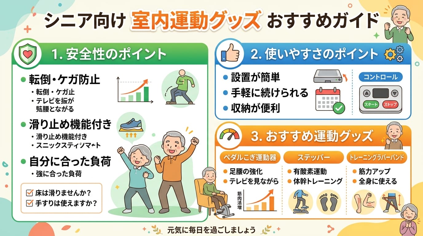 シニア 室内運動 グッズ おすすめの要点をまとめたインフォグラフィック