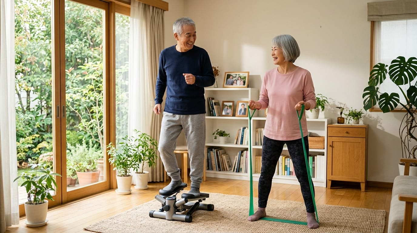 シニア夫婦が室内運動グッズを使って笑顔で運動している様子