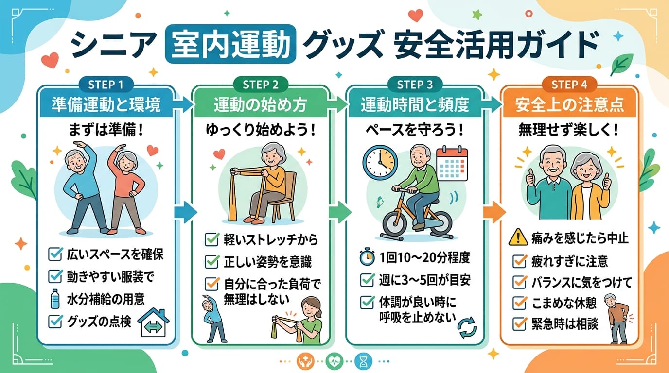 シニア 室内運動 グッズ おすすめの使い方手順をまとめたインフォグラフィック