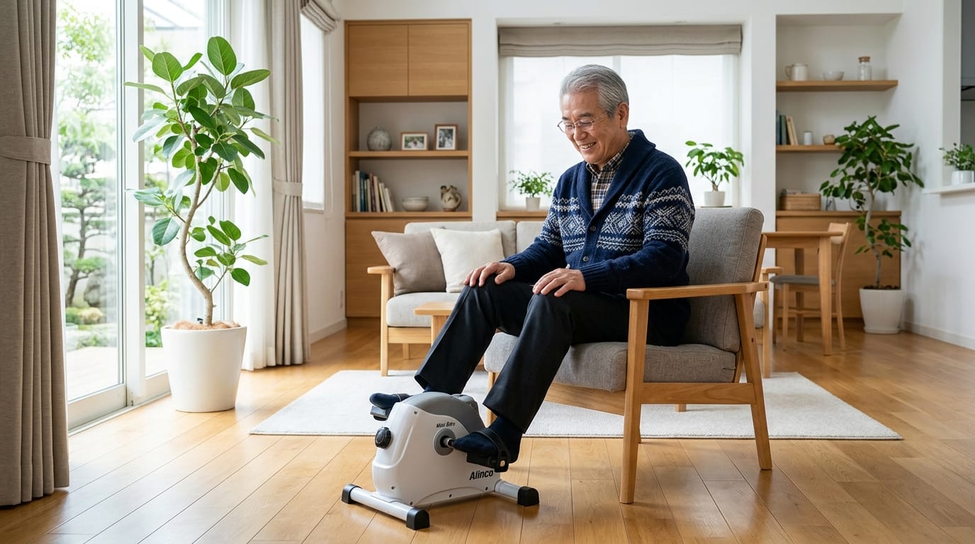 明るいリビングでシニアがペダルマシンを使って室内運動をしているイメージ