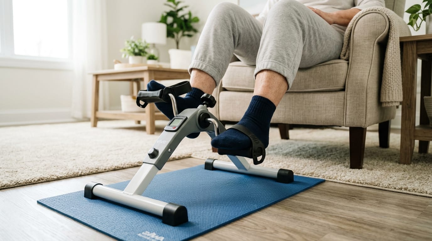 滑り止めマットと室内運動グッズを組み合わせて安全に運動するシニアのイメージ