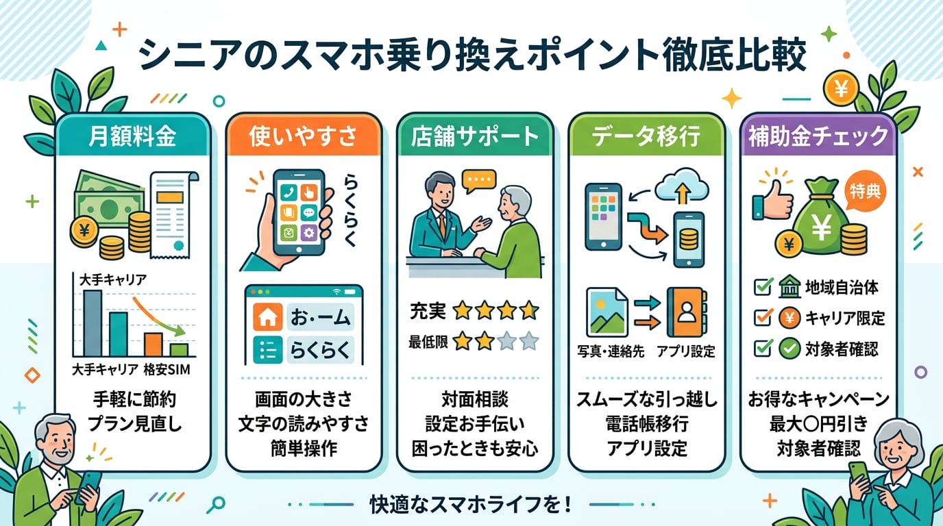 シニア向けスマホ乗り換えの比較ポイントをまとめたインフォグラフィック