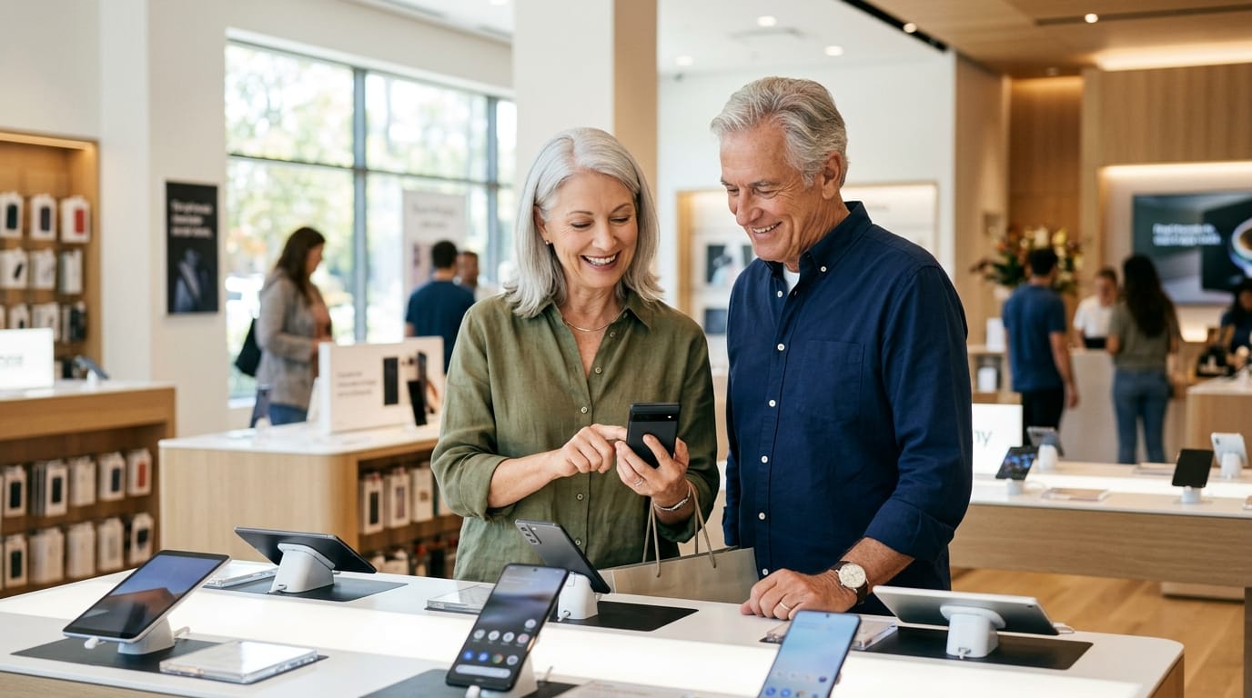 明るい店内でスマホを選ぶシニアの自然な生活イメージ