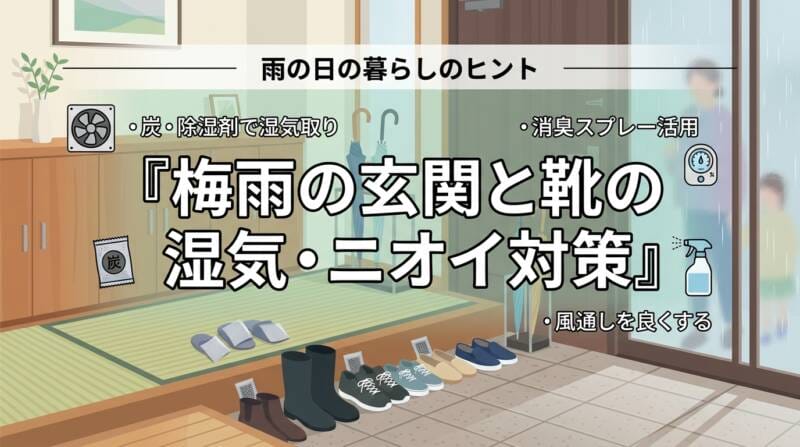 梅雨の玄関と靴の湿気・ニオイ対策を解説するアイキャッチ画像