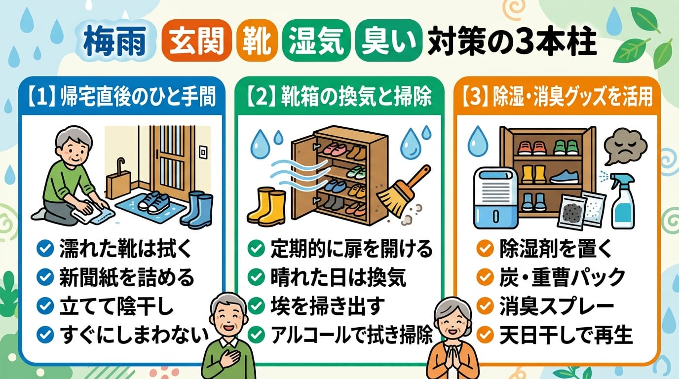 梅雨 玄関 靴 湿気 臭い対策の要点をまとめたインフォグラフィック