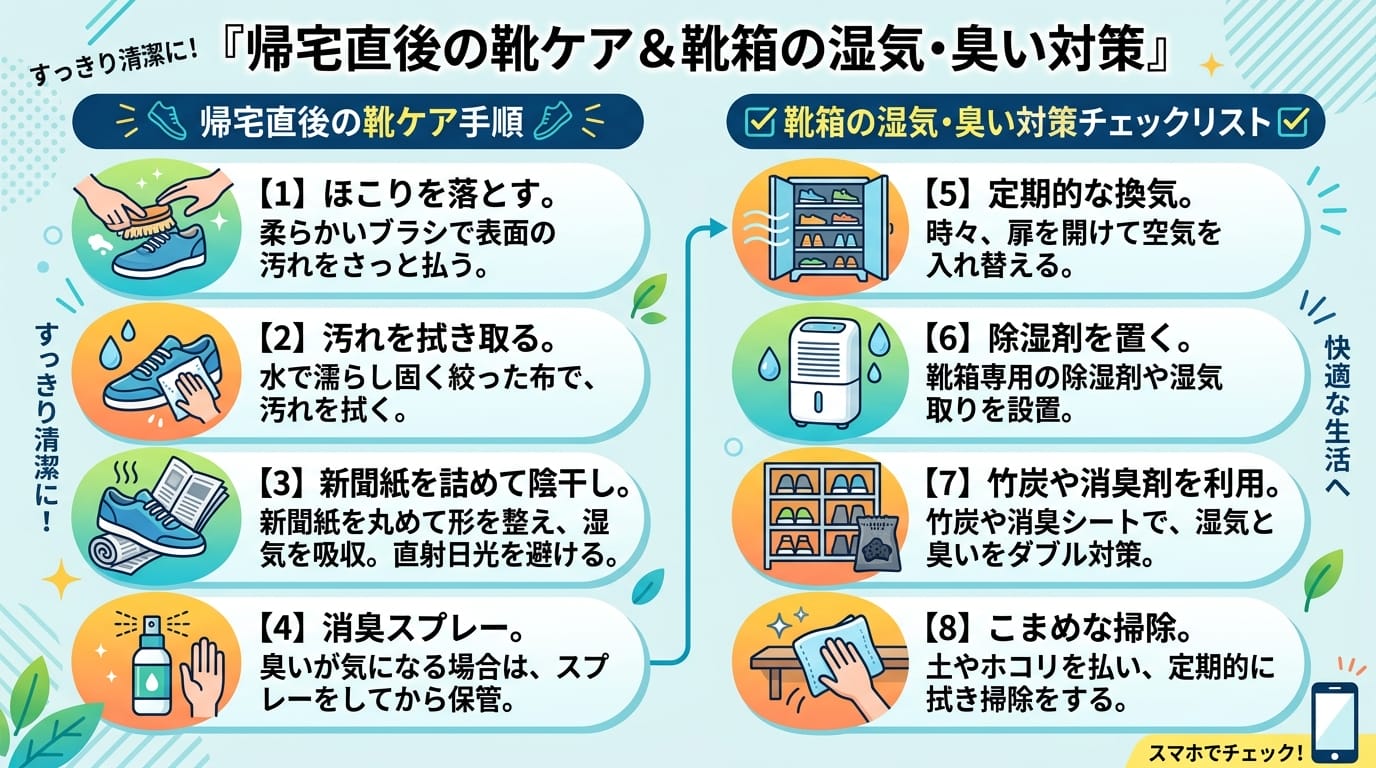 梅雨 玄関 靴 湿気 臭い対策の手順と注意点を図解したインフォグラフィック